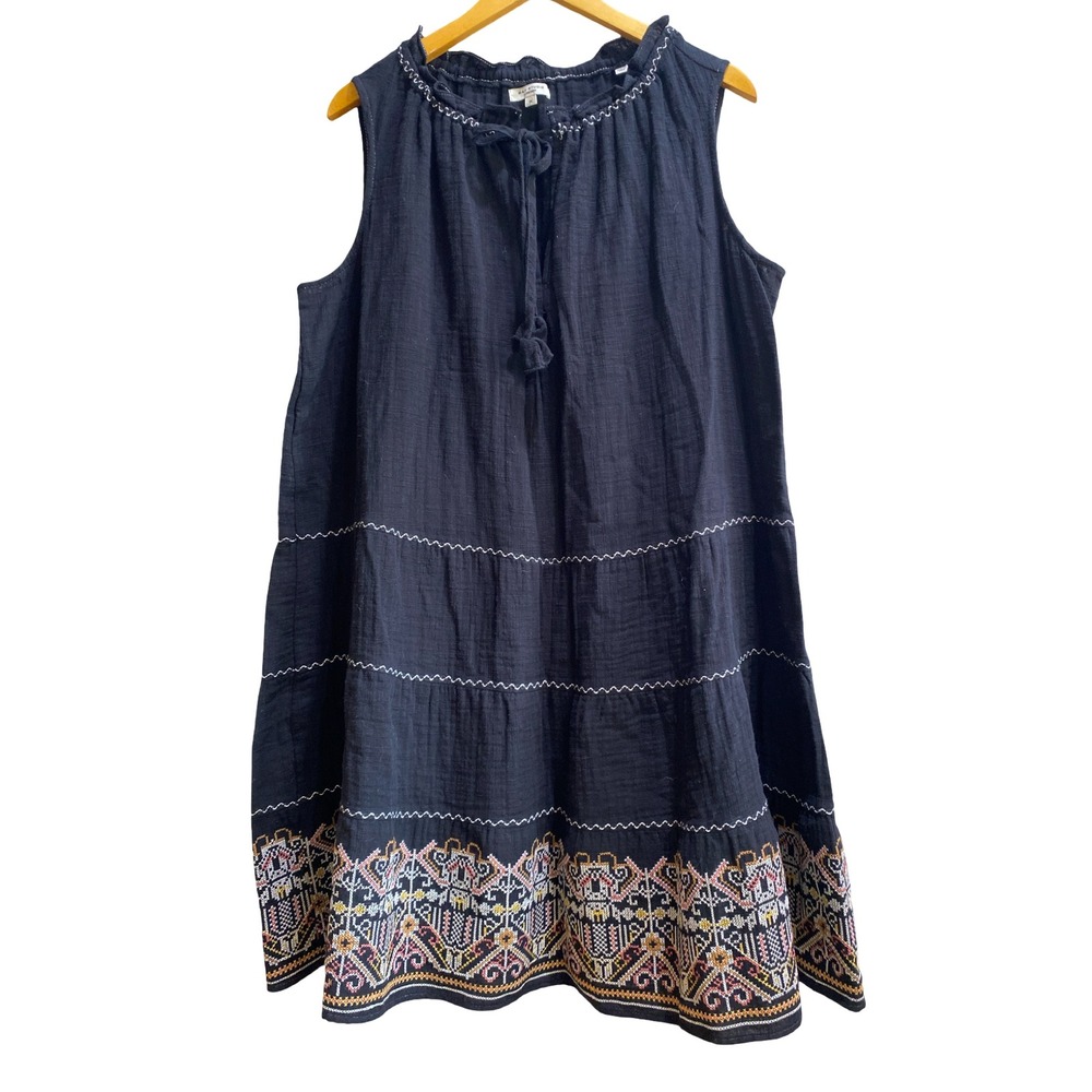 Max Studio Womens 1X Dress Black Cotton Gauze Embroidered Tiered Casual Comfy
